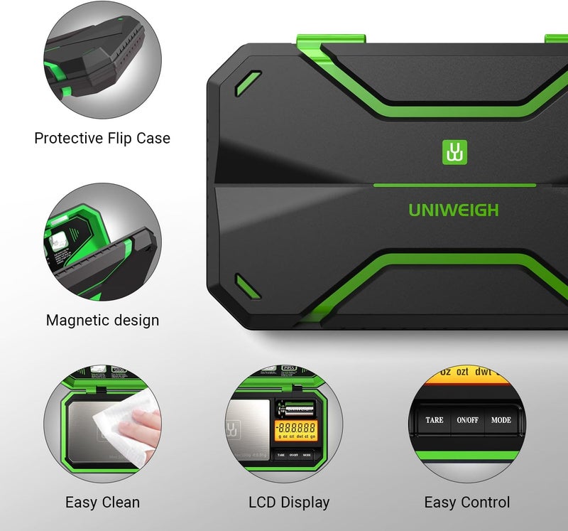 UNIWEIGH Digital Pocket Scale 200g/0.01g, Digital Scale Grams, Jewelry Scale,Coins Scale with 50g Cal Weights for Powder,Small Items,Tea,Jewelry,Coins (Battery Included)-Fluorescent Green - Image 3